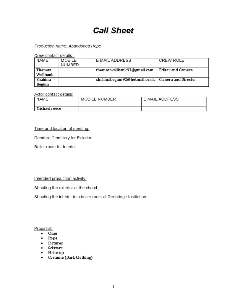 CallSheet Template PDF