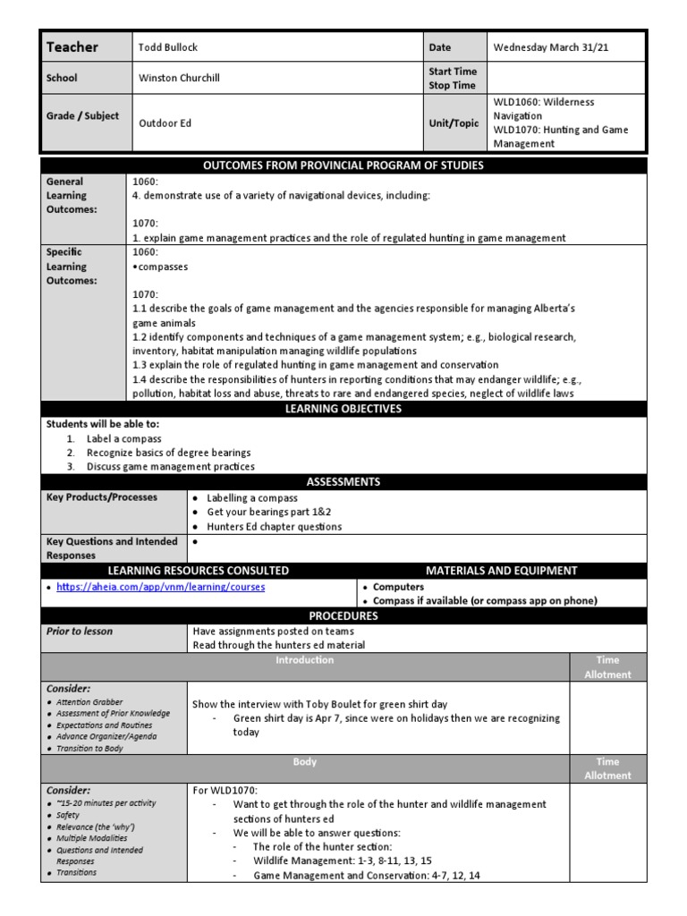 wld1060 Lesson 8 Intro To Using A Compass PDF Hunting Teachers