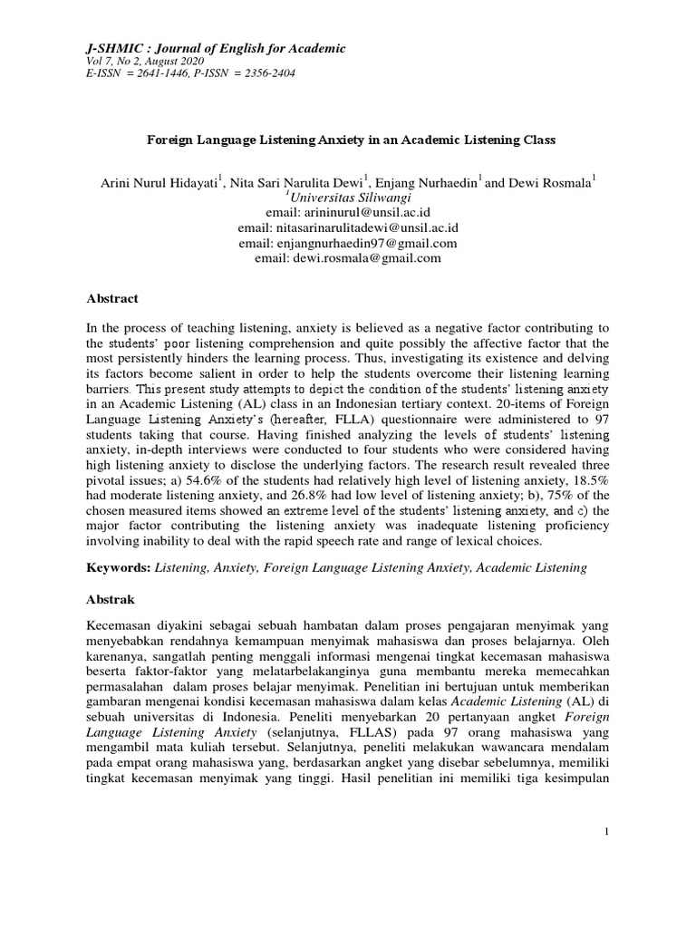 Causes of Listening Anxiety in Students | PDF | English As A Second Or ...