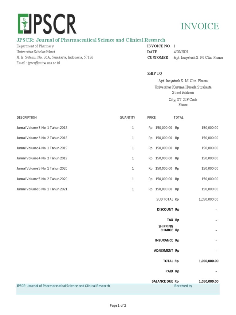 Invoice: JPSCR: Journal of Pharmaceutical Science and Clinical Research ...