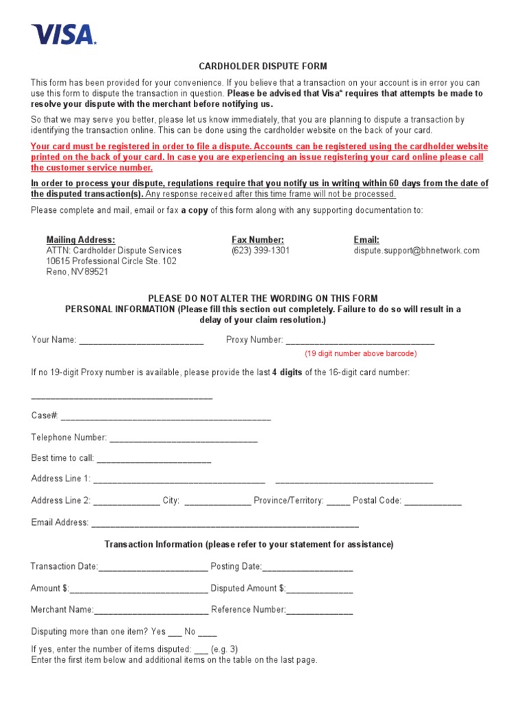 VisaPT CardholderDisputeForm English 20191015 | PDF | Credit Card ...