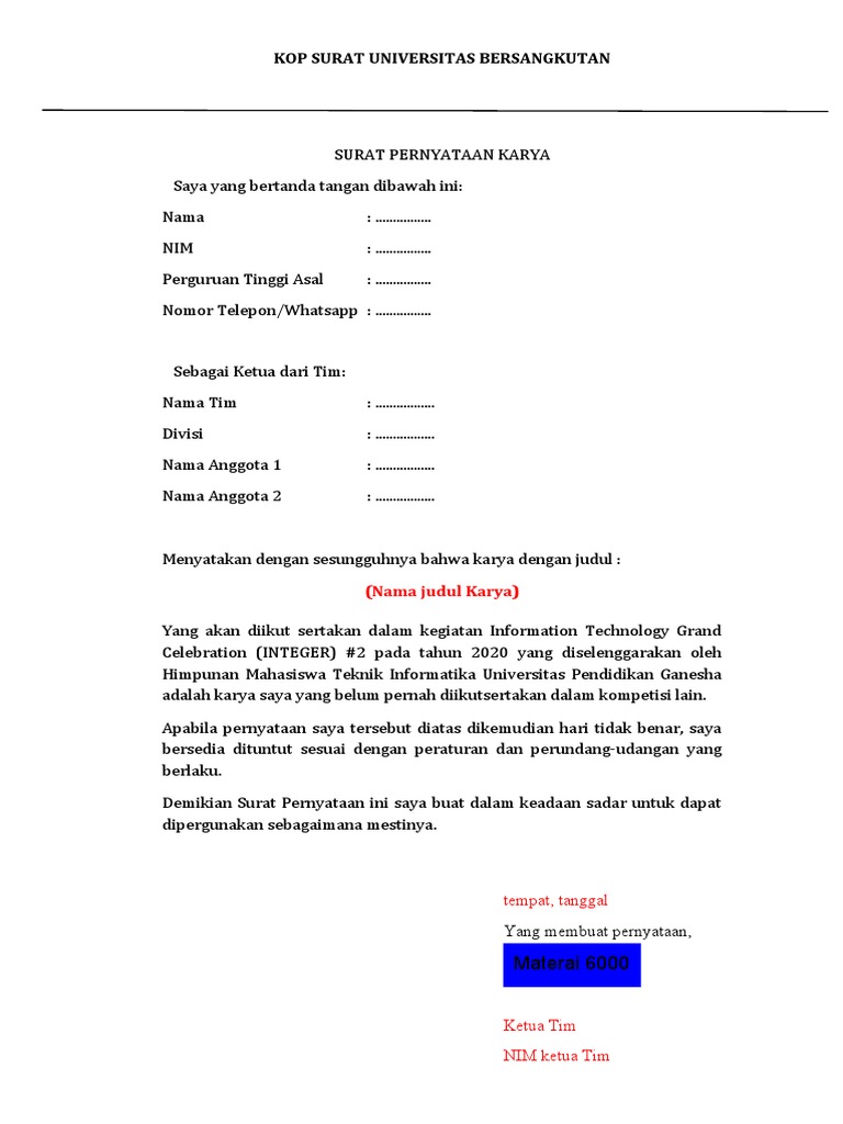 Surat Pernyataan Orisinalitas Karya - Lomba UI UX Design | PDF