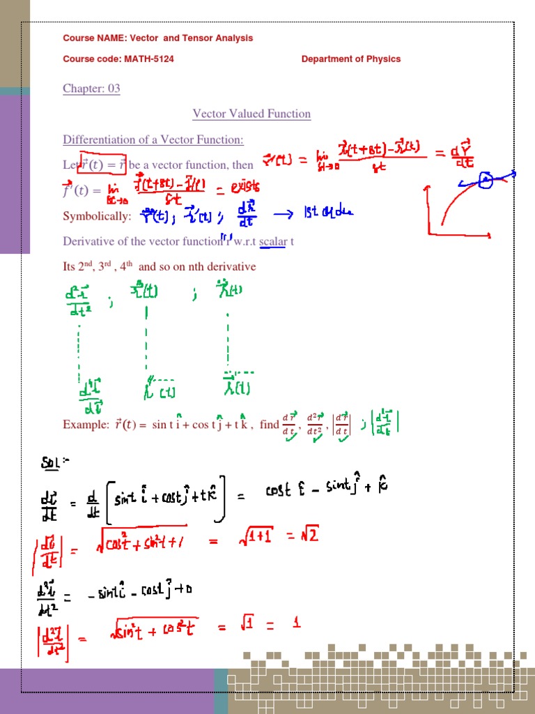 Vector Valued Function Differentiation of A Vector Function: Let ( ) Be ...