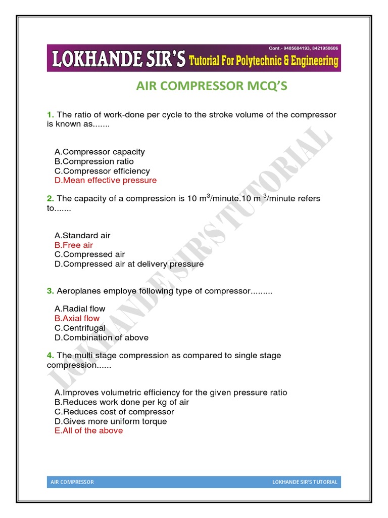Air Compressor MCQ'S D.Mean Effective Pressure PDF Energy