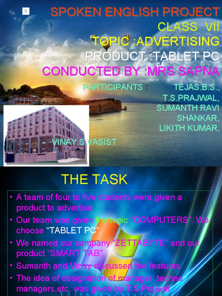 Spoken English Project Class Vii Topic:Advertising Product:Tablet PC ...