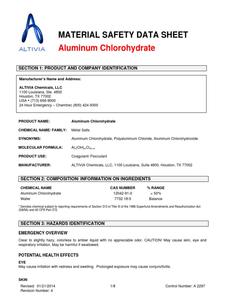 Aluminum Chlorohydrate Material Safety Data Sheet PDF Fires Hazardous Waste