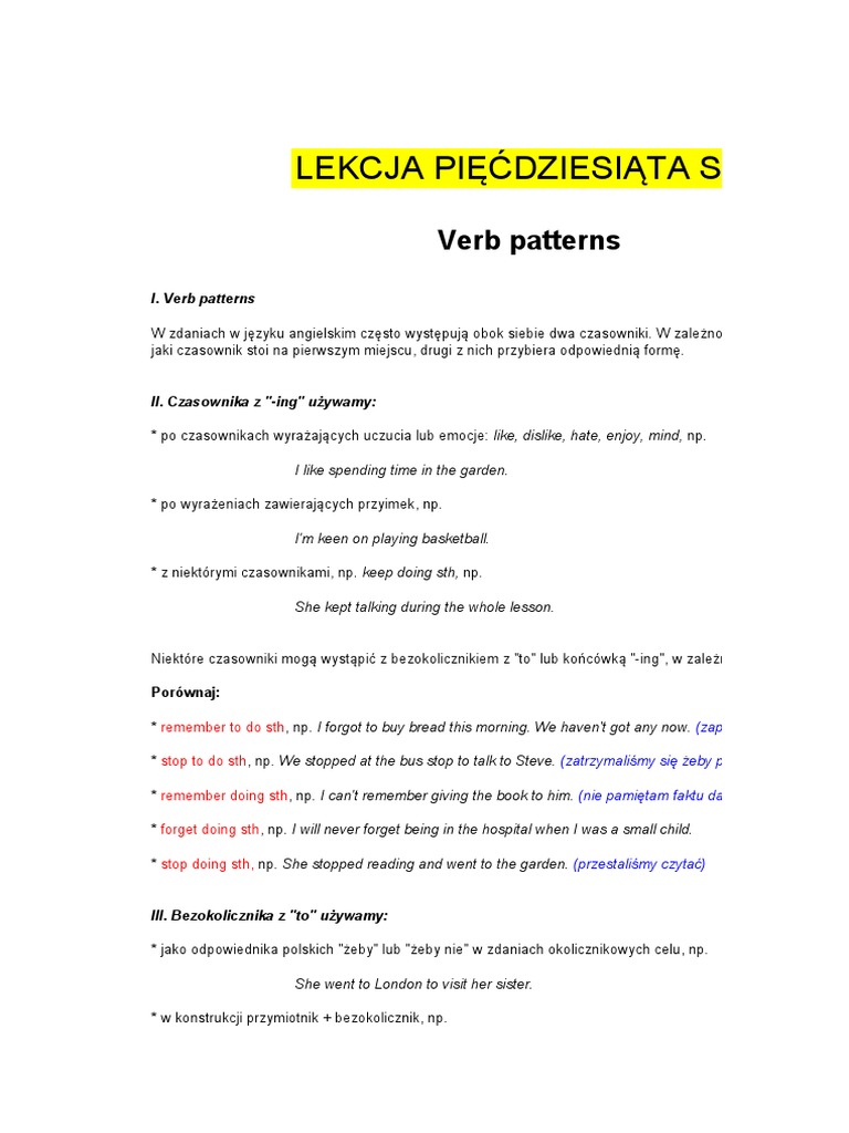 Bezokolicznik Z To I Ing ćwiczenia