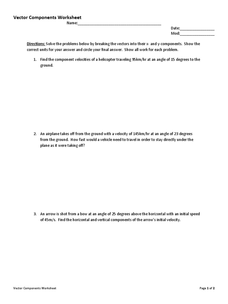 Vector Components Practice Worksheet | PDF