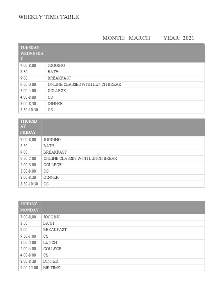 Weekly Time Table | PDF