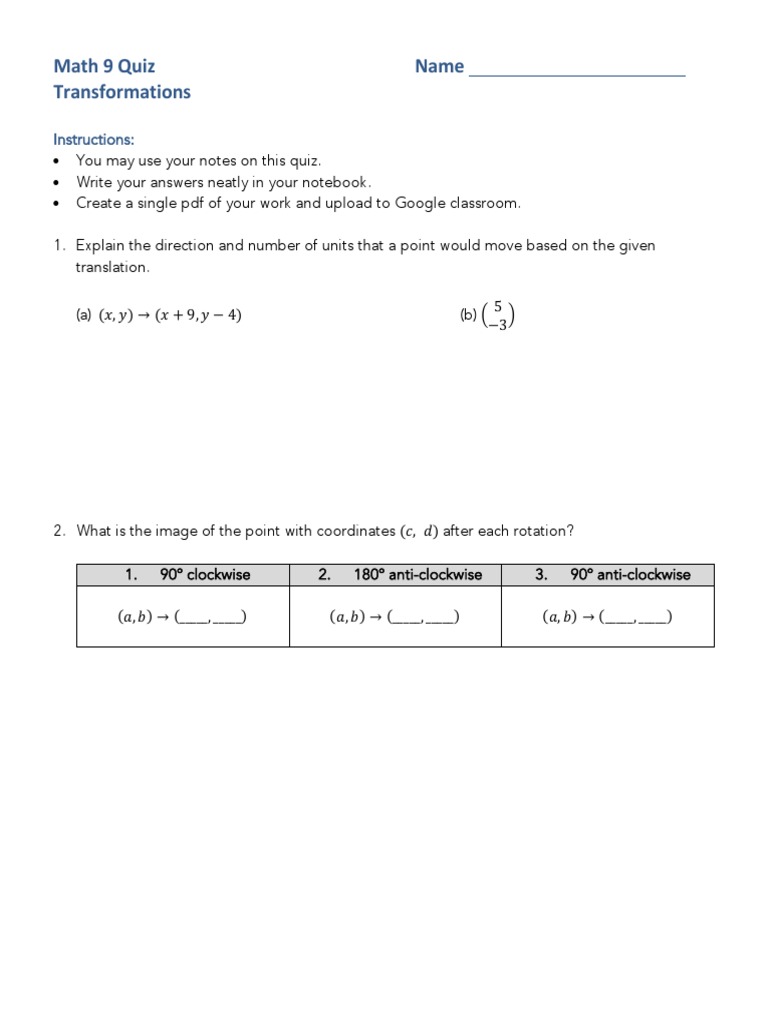 Math 9 Quiz Name Transformations: Instructions | PDF