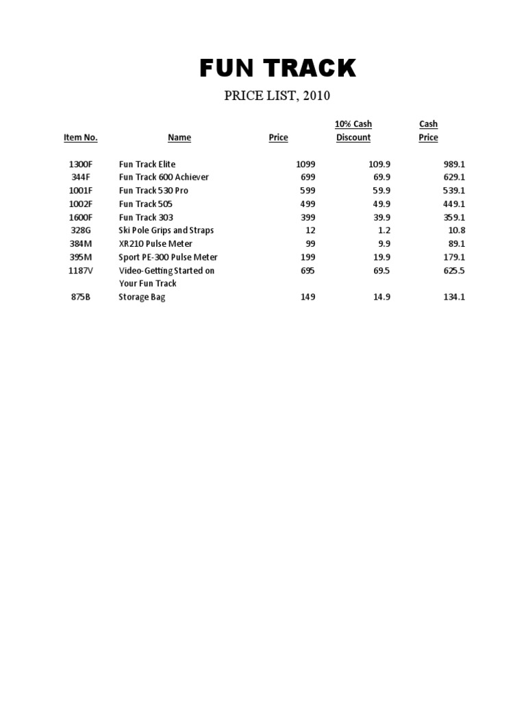 Fun Track 2010 Price List | PDF