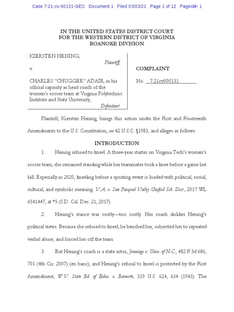 Former Virginia Tech Soccer Player Sues Coach PDF Tort Diversity Jurisdiction