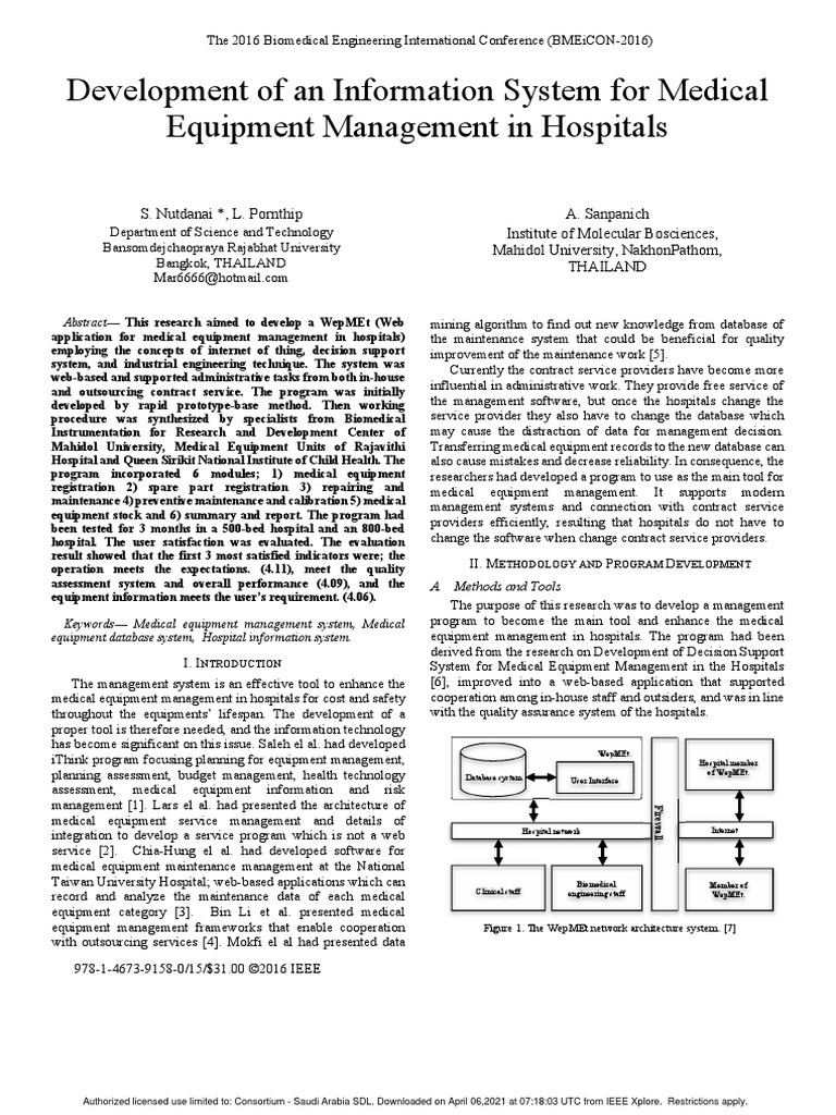 Development of An Information System For Medical Equipment Management ...
