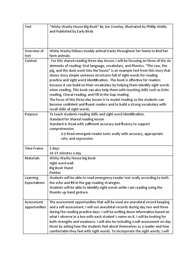 Shared Reading Lesson Plan