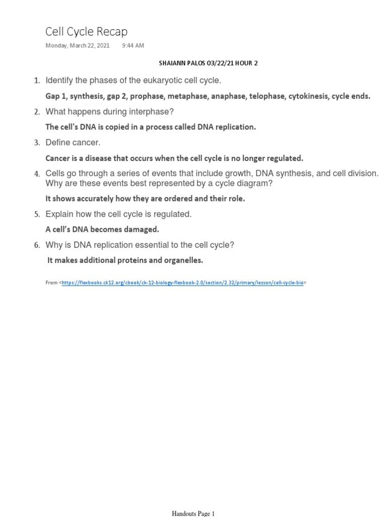 Cell Cycle Recap | PDF | Self-Improvement | Science & Mathematics