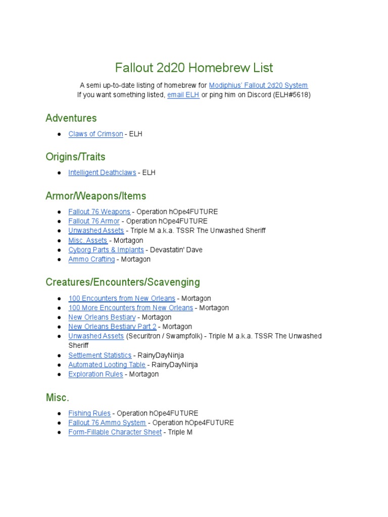Fallout 2d20 Homebrew List | PDF