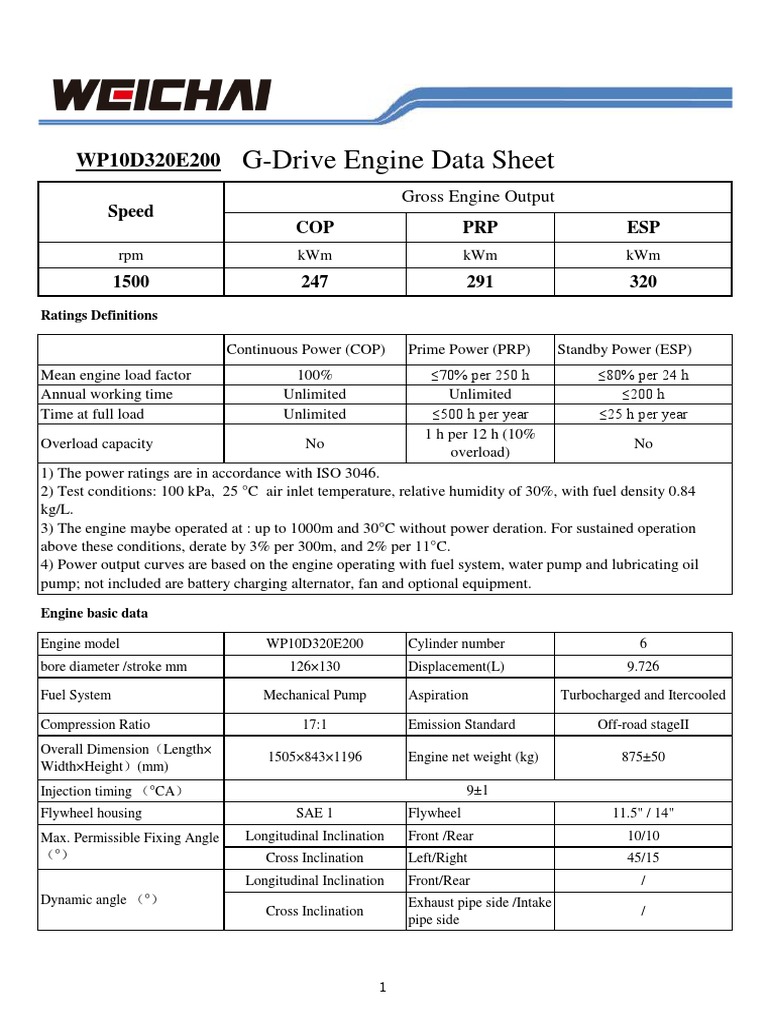 WP10D320E200 Engine Data Sheet | PDF | Turbocharger | Engines