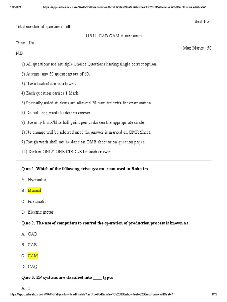 CAD CAM Automation Exam Questions | PDF | Electric Motor | Finite ...