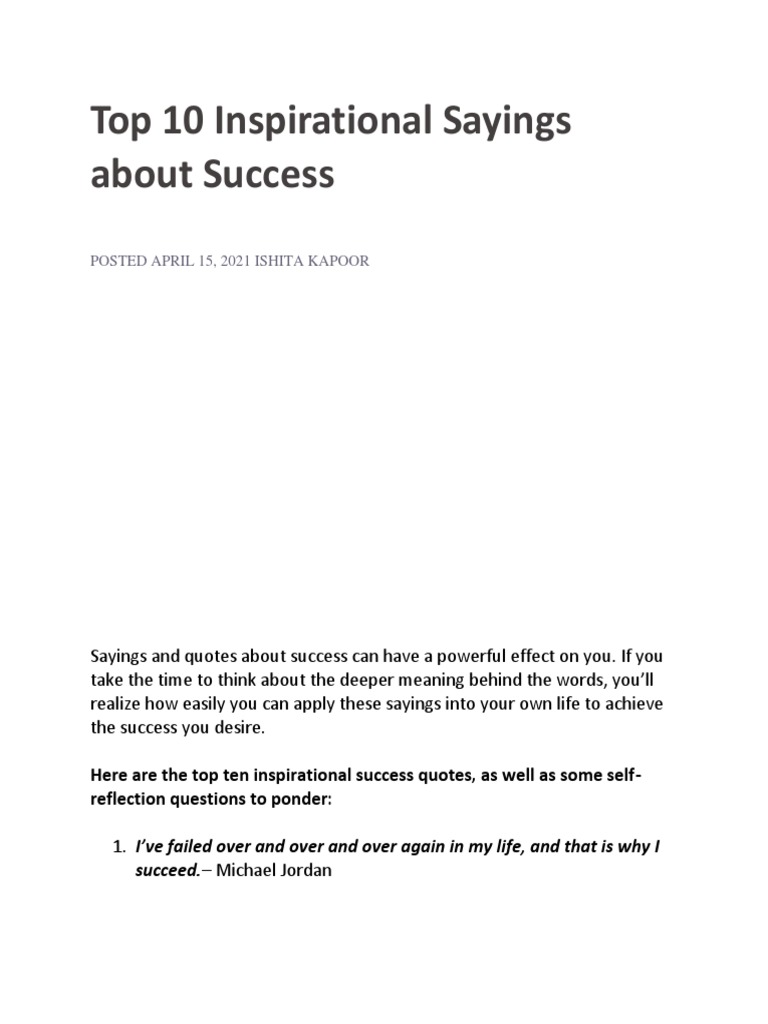 Top 10 Inspirational Sayings About Success | PDF | Psychology | Human ...