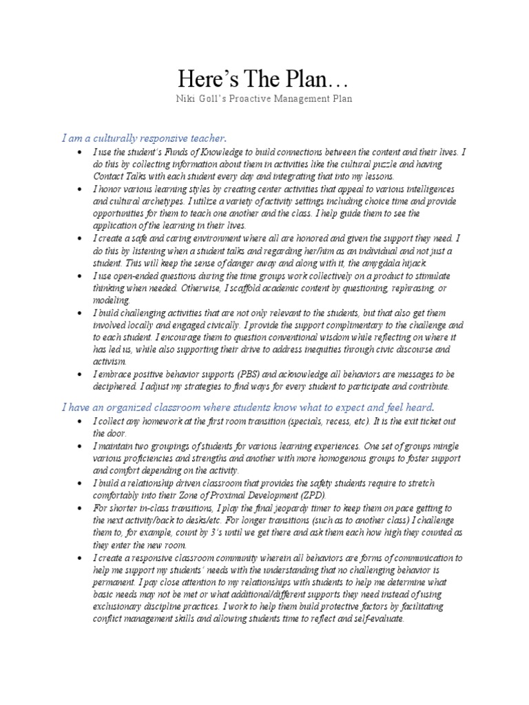 Proactive Management Plan for Culturally Responsive Teaching | PDF ...