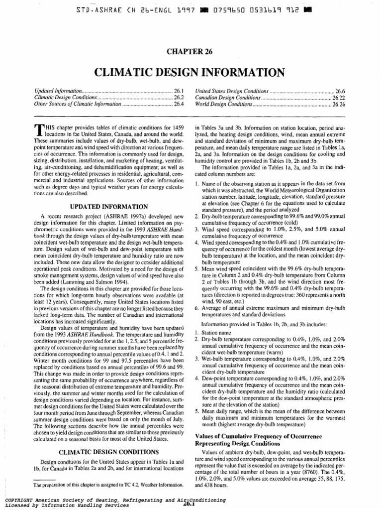 Ashrae C26 (97) Climatic Design Information PDF Climate Humidity