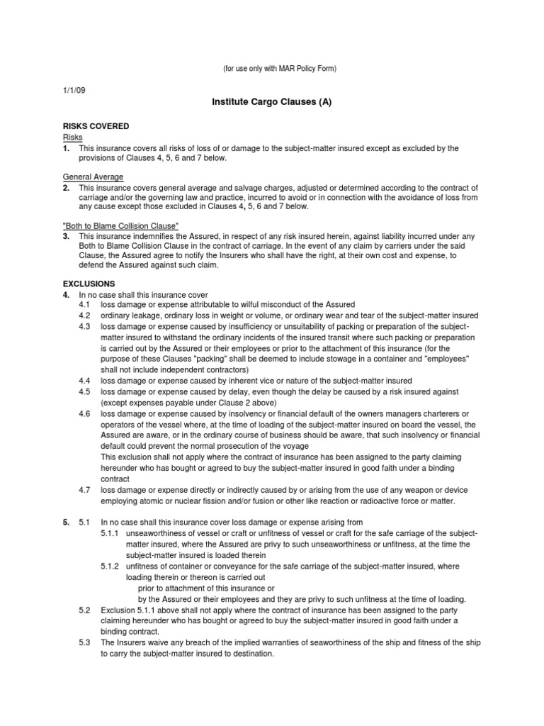 Institute Cargo Clauses (A) (For Use Only With MAR Policy Form) PDF Insurance Private Law
