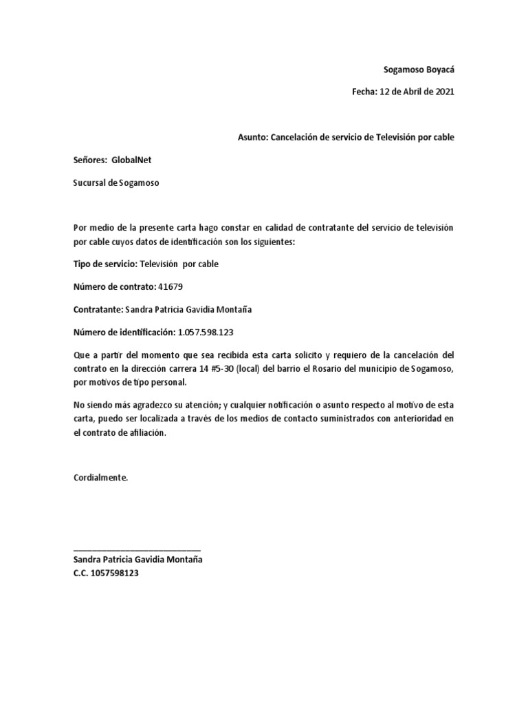 Ejemplo Carta de Suspensión de Servicios PDF