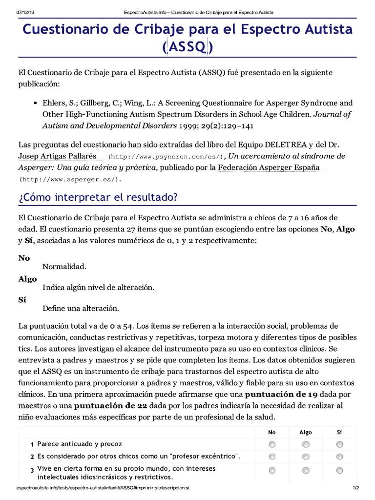 ASSQ Cuestionario de Cribaje para El Espectro Autista | PDF