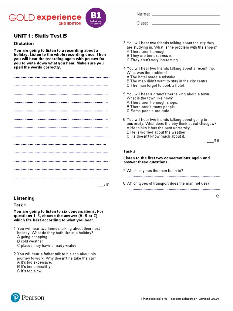 UNIT 1: Skills Test B: Dictation | PDF | Leisure
