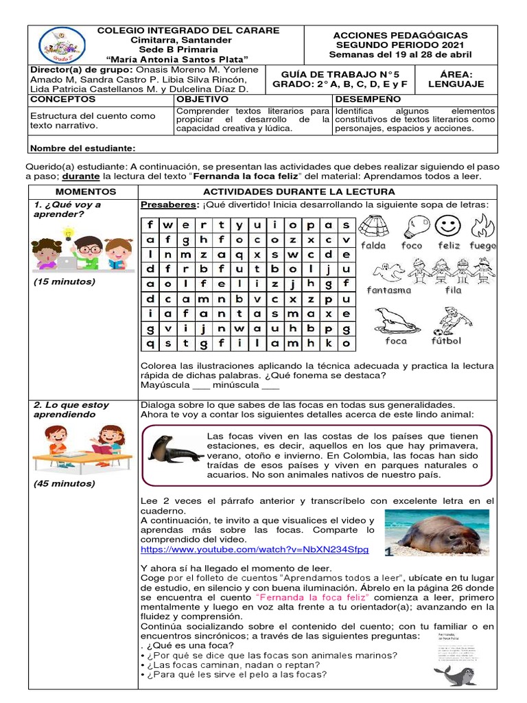 Actividades de Lectura: Fernanda la Foca | PDF | Artes del Lenguaje y ...