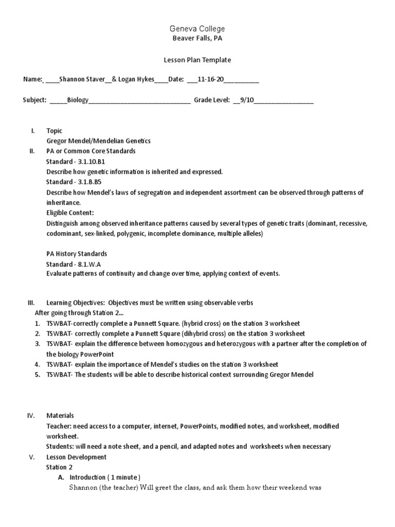 Geneva College Beaver Falls, PA Lesson Plan Template | PDF | Dominance ...