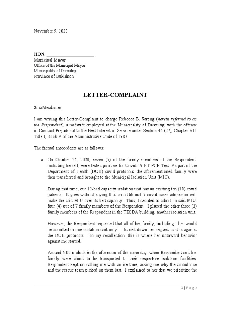 Letter-Complaint: Office of The Municipal Mayor | PDF | Wellness | Medical