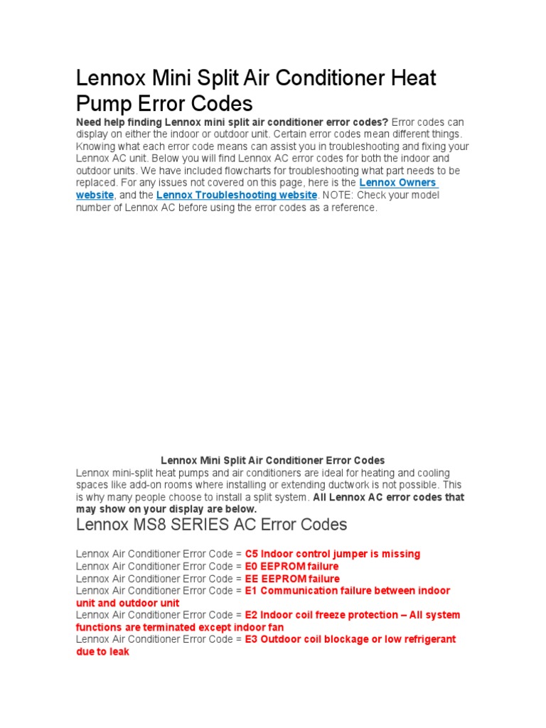 Lennox Mini Split Air Conditioner Heat Pump Error Codes PDF Heat Pump Air Conditioning