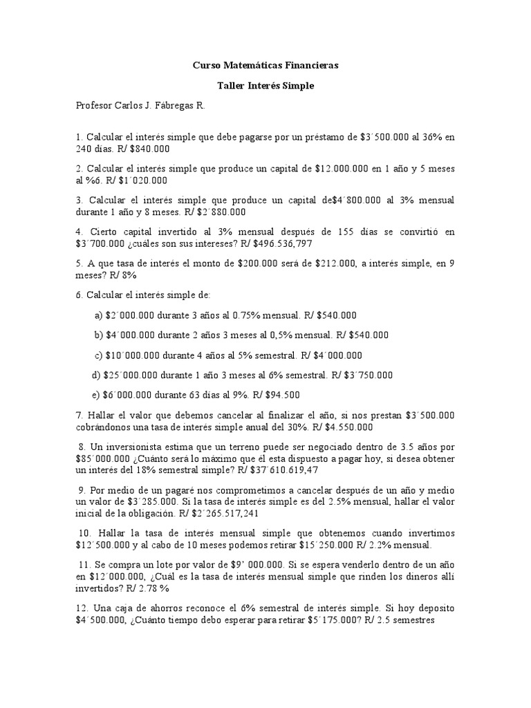 Curso Matemáticas Financieras Taller 1 Interes Simple | PDF | Finanzas ...