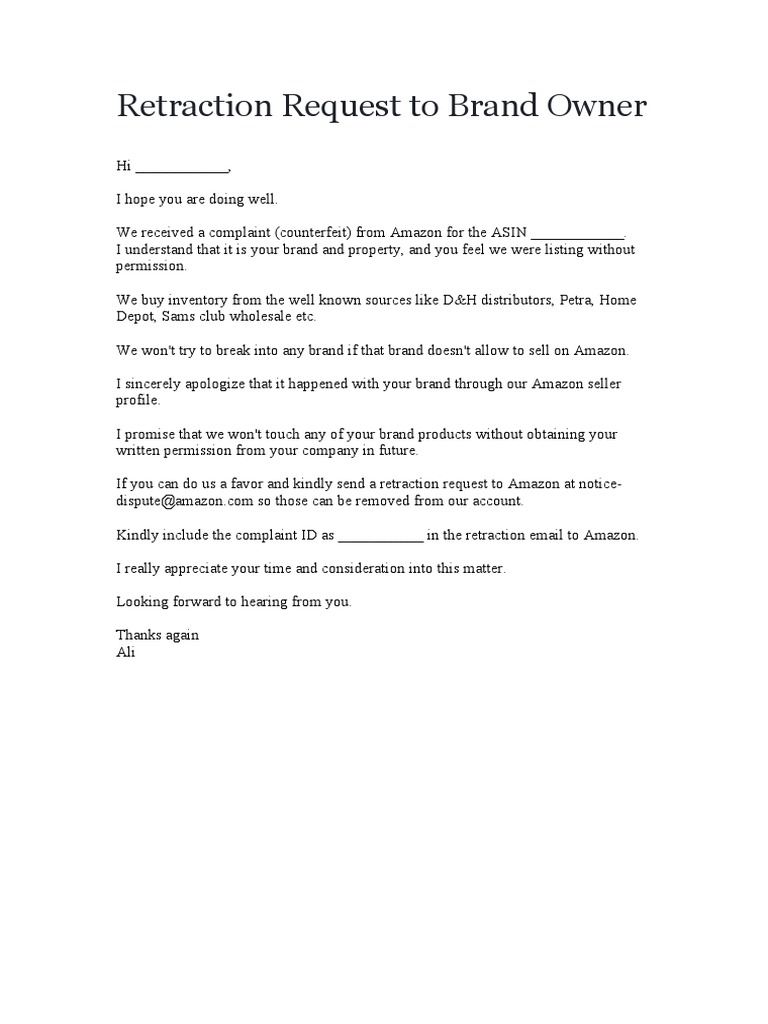 Retraction Request To Brand Owner - 2 | PDF | Career & Growth | Finance ...