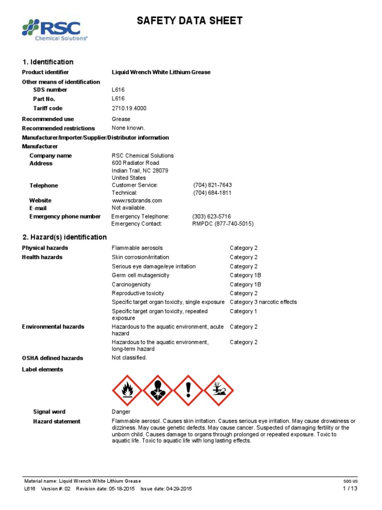 11Liquid Wrench White Lith Grease L616 SDS PDF Firefighting