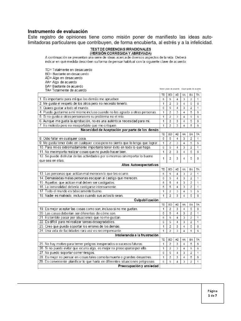 Test de Creencias Irracionales de Ellis | PDF | Terapia racional de ...
