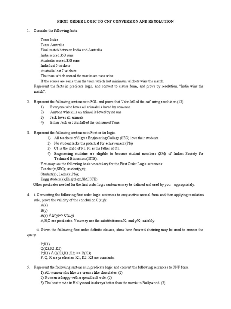 LOGIC TO CNF AND RESOLUTION FOR MATCH RESULT | PDF | Logic ...