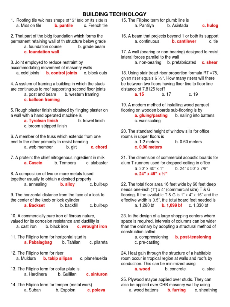 Building Technology Review Guide | PDF | Framing (Construction) | Wall