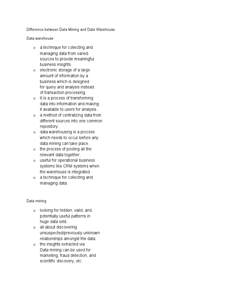 Difference Between Data Mining and Data Warehouse Data Warehouse | PDF ...
