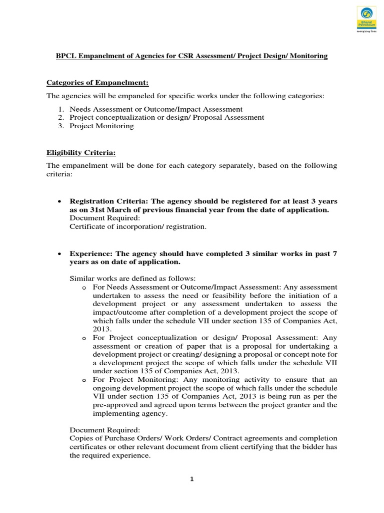 BPCL CSR Agency Empanelment Guidelines | PDF | Signature | Business
