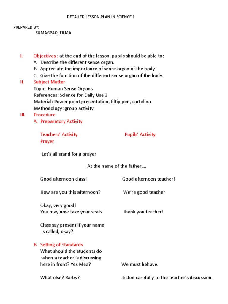 Grade 3 Lesson Plan: Sense Organs | PDF | Senses | Lesson Plan