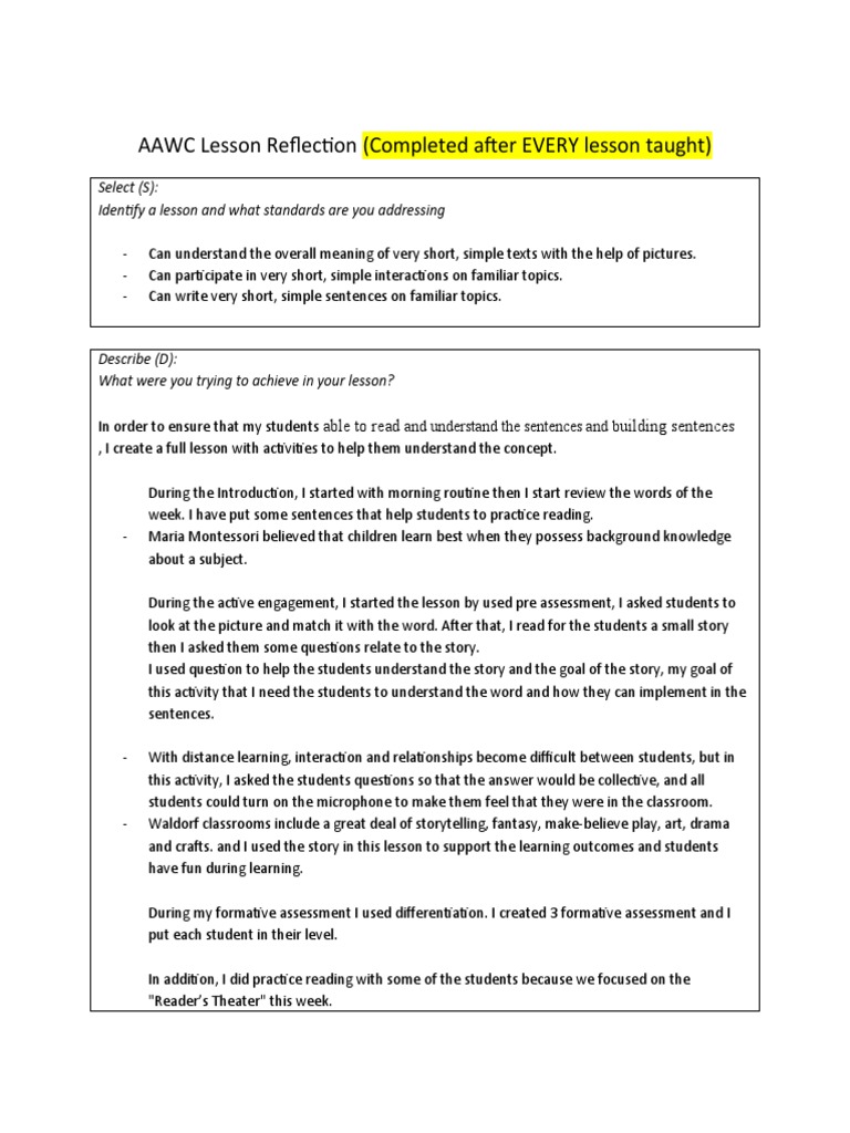 Reflection Lesson Plan 4 | PDF | Lesson Plan | Educational Assessment