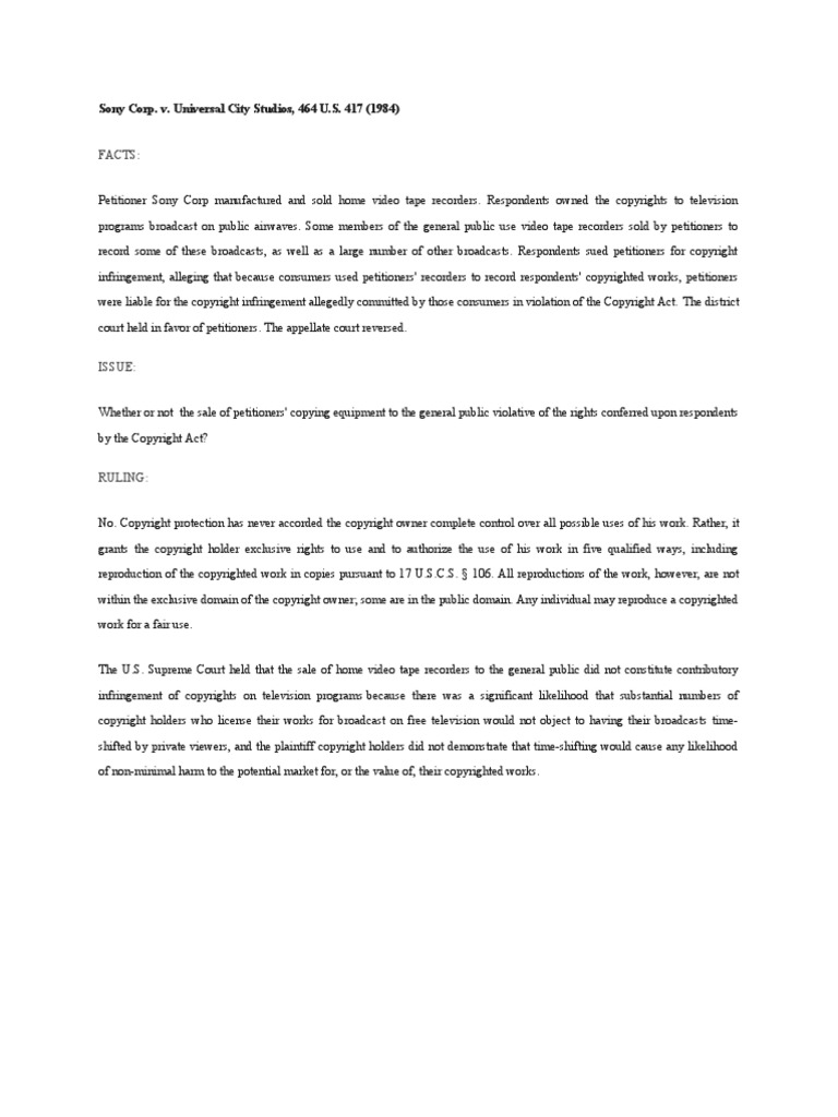 Sony Corp. v. Universal City Studios, 464 U.S. 417 (1984) PDF