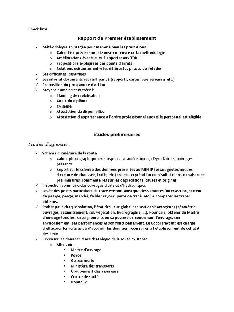 Checklist TDR pour études préliminaires | PDF | Géologie | Génie ...