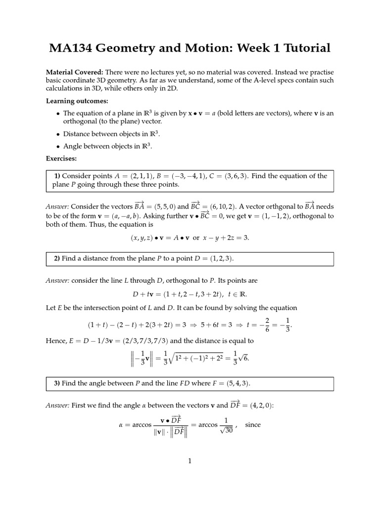 MA134 Week 1: 3D Geometry Basics | PDF | Plane (Geometry ...