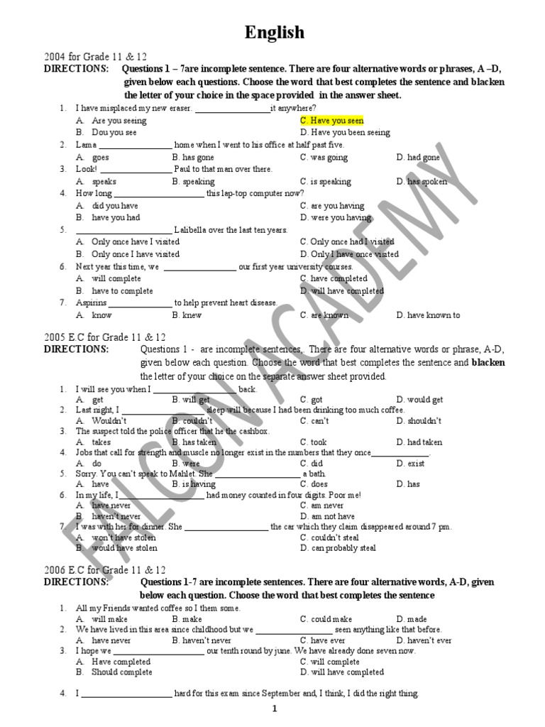 Grade 11 English Grammar Exercises | PDF | Phrase | Question