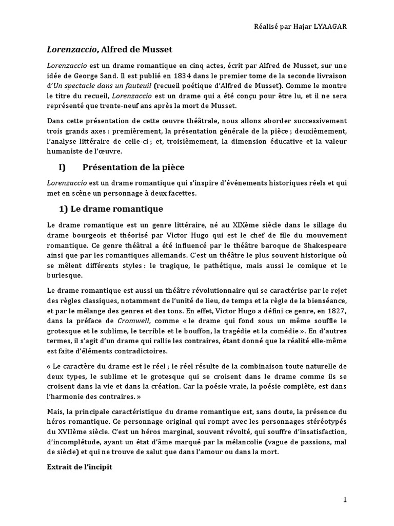 Commentaire Composé Lorenzaccio Acte 3 Scène 3 Lorenzaccio LyaagarHajar | PDF | Pièce de théâtre | Romantisme