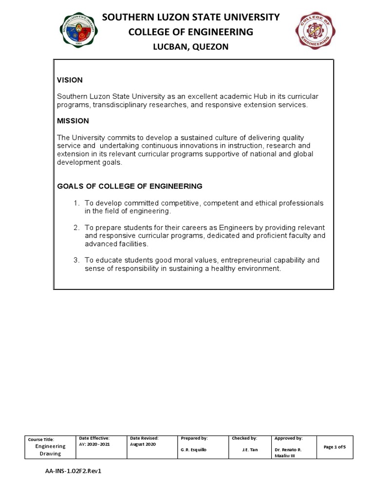 SYLLABI DRW01 Engineering Drawing AY 2020 2021 PDF Engineering