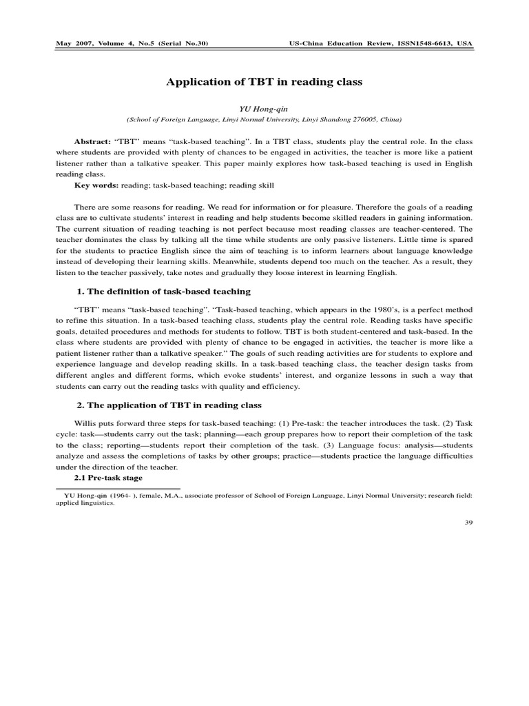 Application of tbt in reading class 1 the definition of task based